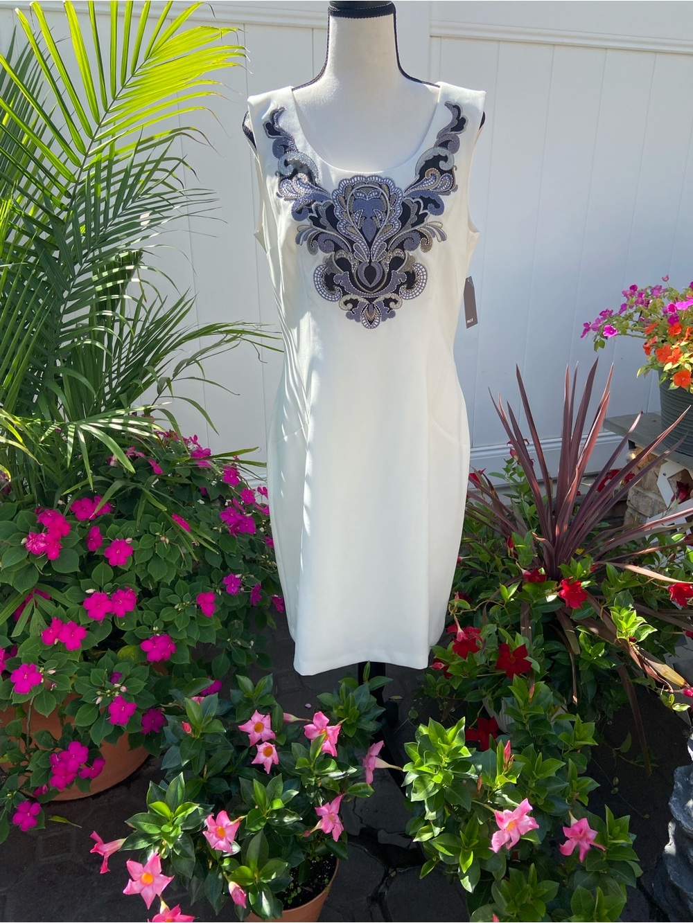 Muse White Sleeveless Dress with Black and Silver Embellished Neckline
